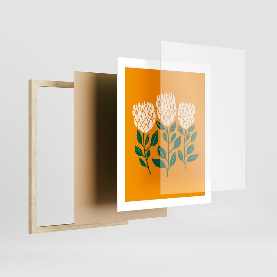 Plakat w ramie 40x50 - Kolorowe Impresje - abstrakcyjna kwiatowa kompozycja, żółte mocne tło - rama drewno