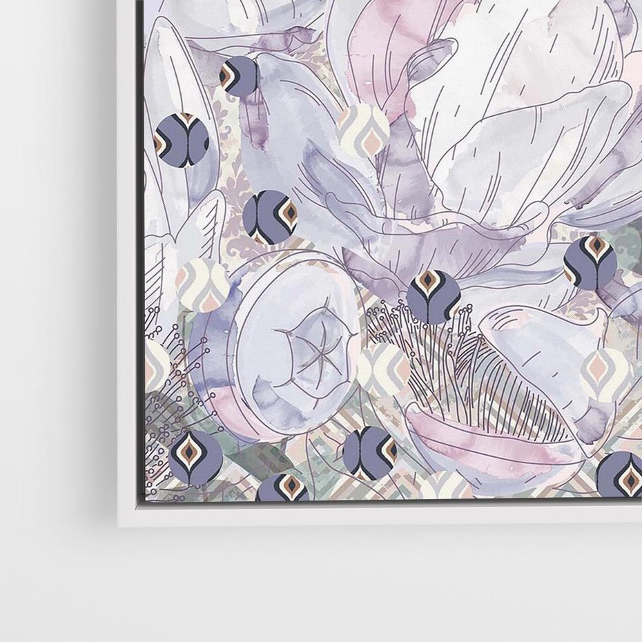 Obraz w ramie 80x80 - Malowane oddechy istnienia - pomieszane tekstury, kwiatowe elementy - rama biała