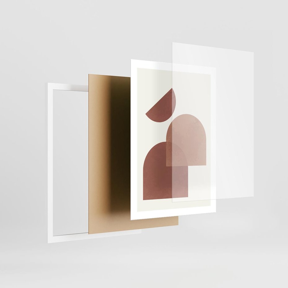 Plakat w ramie 50x70 - Harmonijne Widoki - abstrakcyjne geometryczne kształty, odcienie brązu i beżu - rama biała