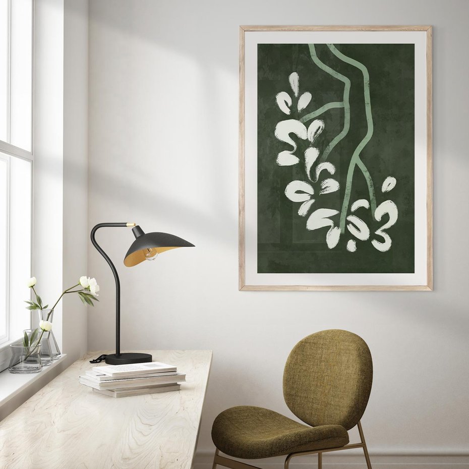 Plakat w ramie 30x40 - Rozkwitające Zielone Gałęzie - abstrakcyjne delikatne zielone linie, podobne do gałęzi kwiatów - rama drewno