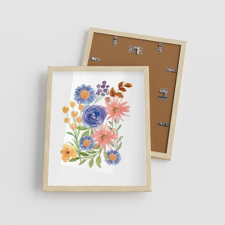 Plakat w ramie 40x50 - Migocące Widoki Kwiatów - akwarelowe polne kwiaty, minimalistyczny plakat - rama drewno
