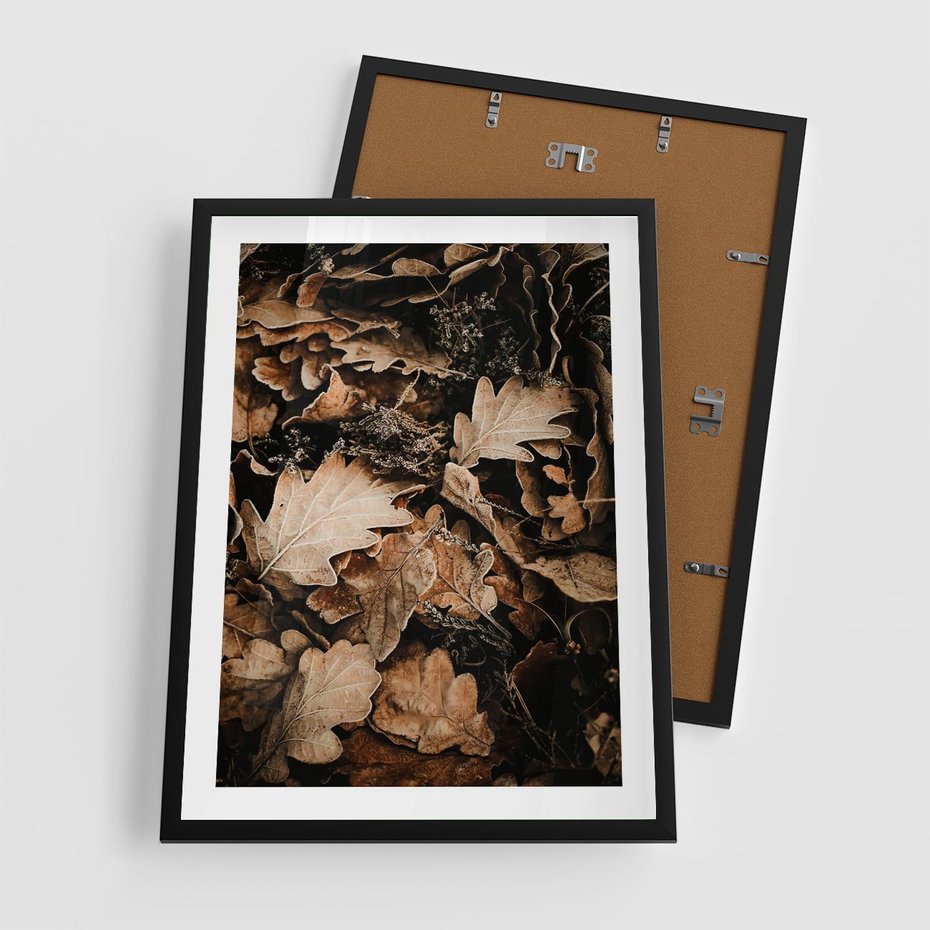 Plakat w ramie 50x70 - Jesienna Melodia: Liście i Szyszki - suche liście, szyszki - rama czarna