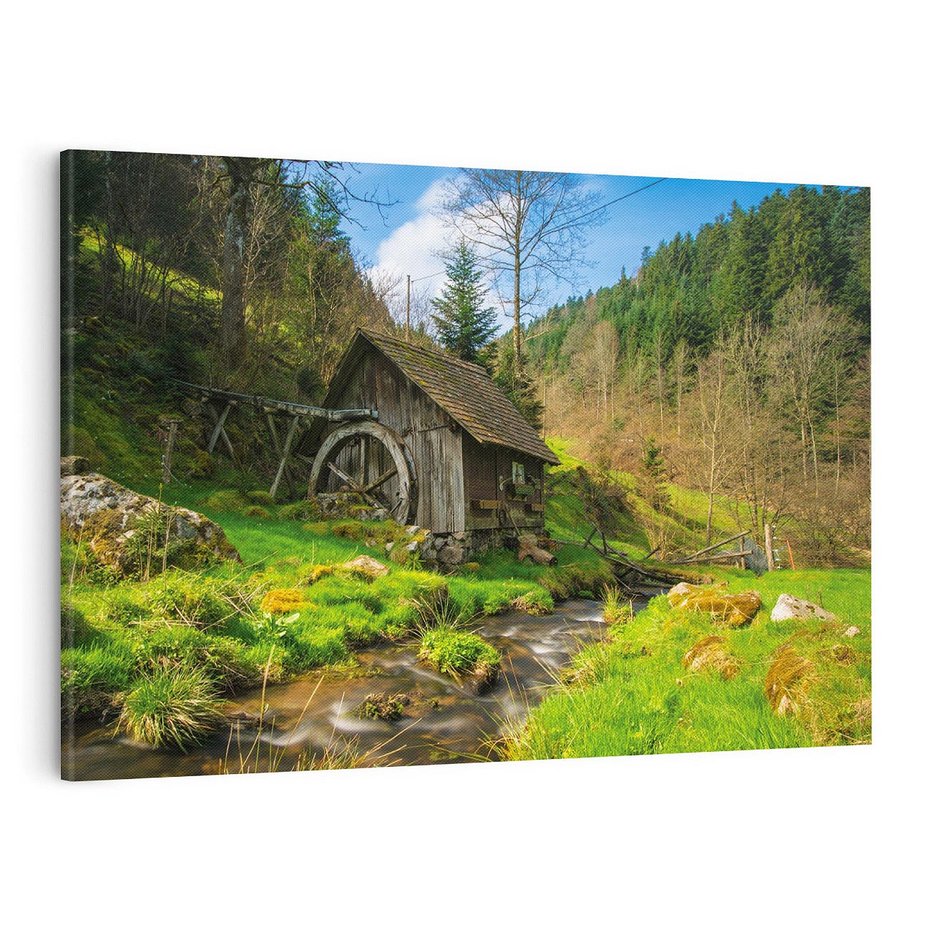 Obraz na płótnie 70x50 - Urok górskiego domku nad strumykiem - domek, góry