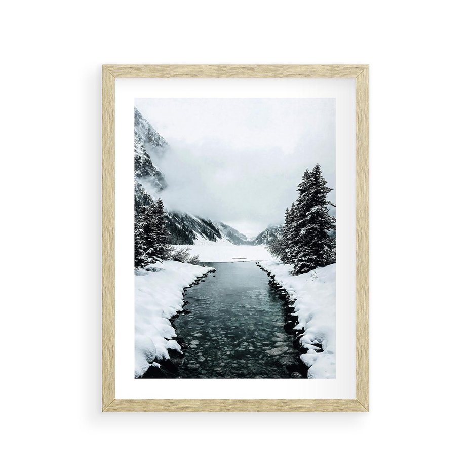 Plakat w ramie 30x40 - Zimowa Przyroda: Rzeka, Góry i Śnieg - zima, rzeka - rama drewno