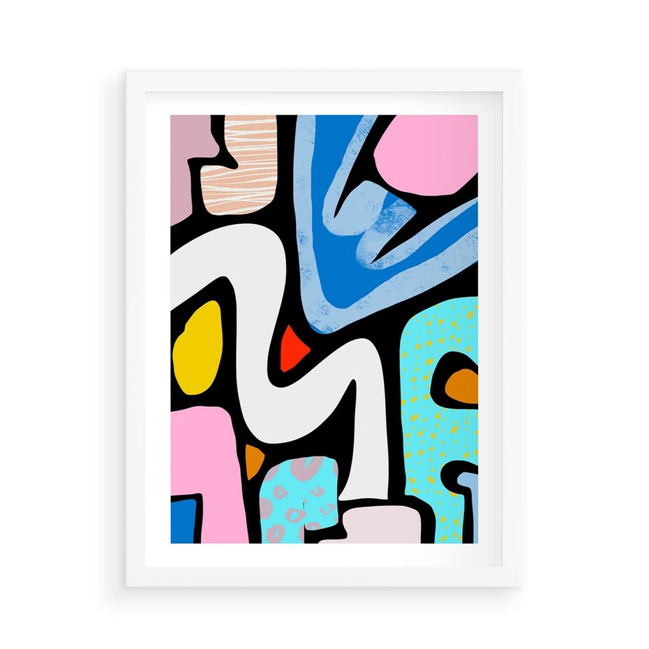 Plakat w ramie 50x70 - Komiksowe Formy - abstrakcyjne formy, komiksowy styl - rama biała