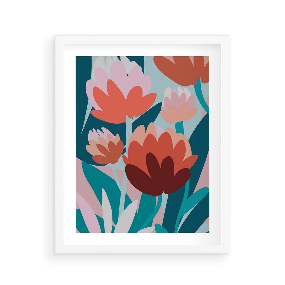 Plakat w ramie 40x50 - Symfonia Kwiatów - abstrakcyjna kompozycja kwiatowych form, kolor zgaszone - rama biała