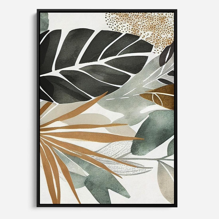 Obraz w ramie 50x70 - Współbrzmienie wewnętrznego ja - kompozycja z tropikalnych liści, stonowane kolory - rama czarna