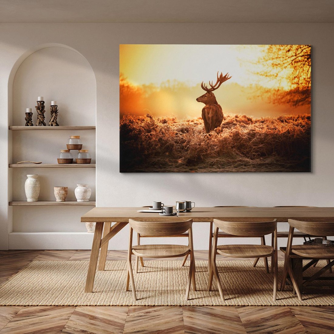 Obraz na płótnie 120x80 - Magia jesiennego słońca: Jeleń w promieniach - jeleń, jesień