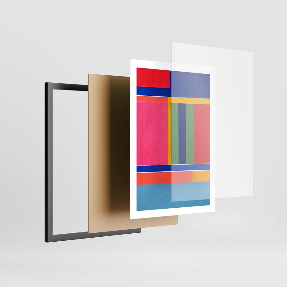 Plakat w ramie 50x70 - Wnętrza Rozplątanych Barw - abstrakcyjny geometryczny obraz olejny, kolorowe pasy - rama czarna