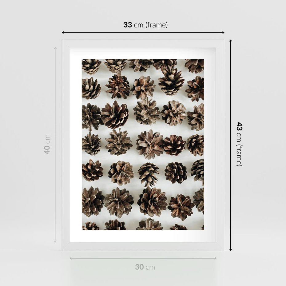Plakat w ramie 30x40 - Jesienna Tekstura - kompozycja z suchych szyszek, jesienne szyszki - rama biała