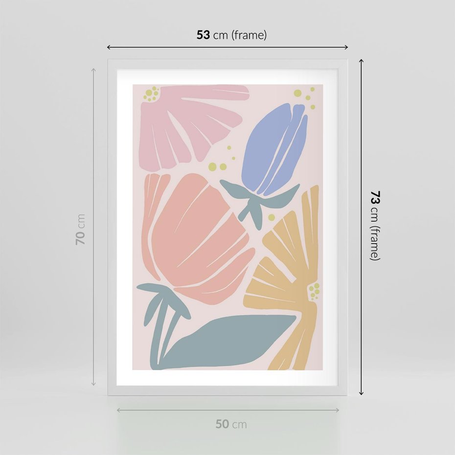 Plakat w ramie 50x70 - Rozkwitające Harmonie Natury - pastelowe kwiaty, na beżowym tle - rama biała