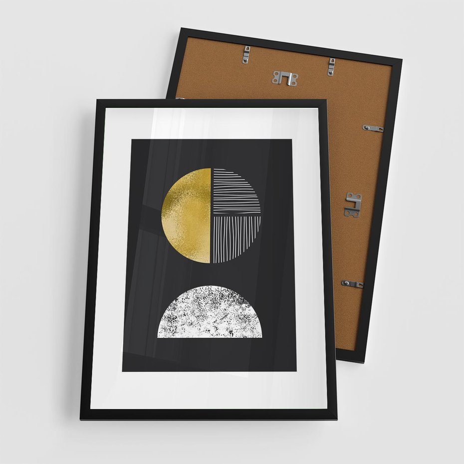 Plakat w ramie 50x70 - Złote Koła i Geometryczne Formy - grafika, modern - rama czarna