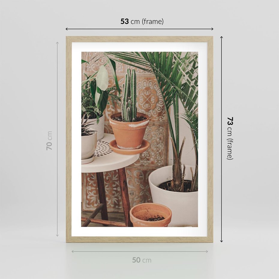 Plakat w ramie 50x70 - Boho Oaza: Kaktusy w Doniczkach - rośliny kaktusy w doniczkach, boho wnętrze - rama drewno