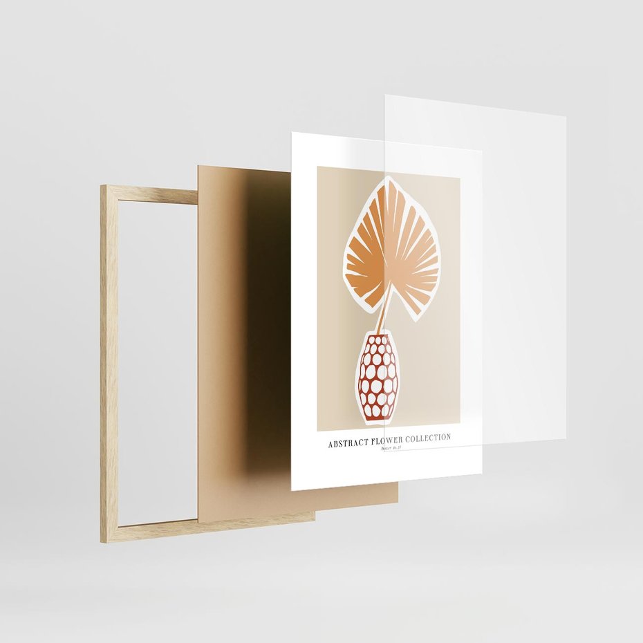 Plakat w ramie 30x40 - Kwiatowa Kreatywność - tropikalny liść w wazonie, typografia - rama drewno