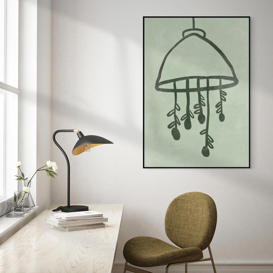 Obraz w ramie 50x70 - Zieleń Inspirującego Spokoju - plakat z abstrakcyjną zieloną lampą, skandynawski design - rama czarna