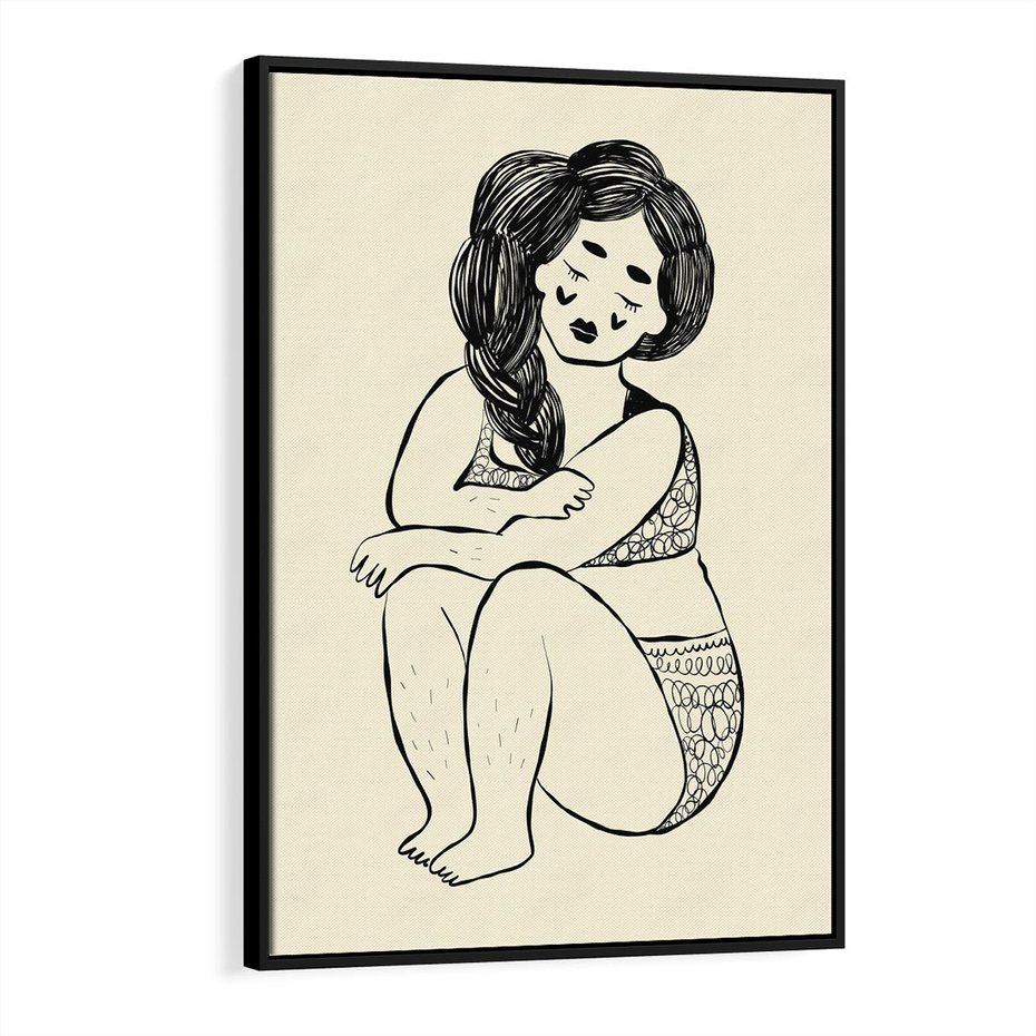 Obraz w ramie 50x70 - Migotliwe Refleksje - nowoczesny minimalistyczny rysunek, dziewczyna w bieliźnie - rama czarna