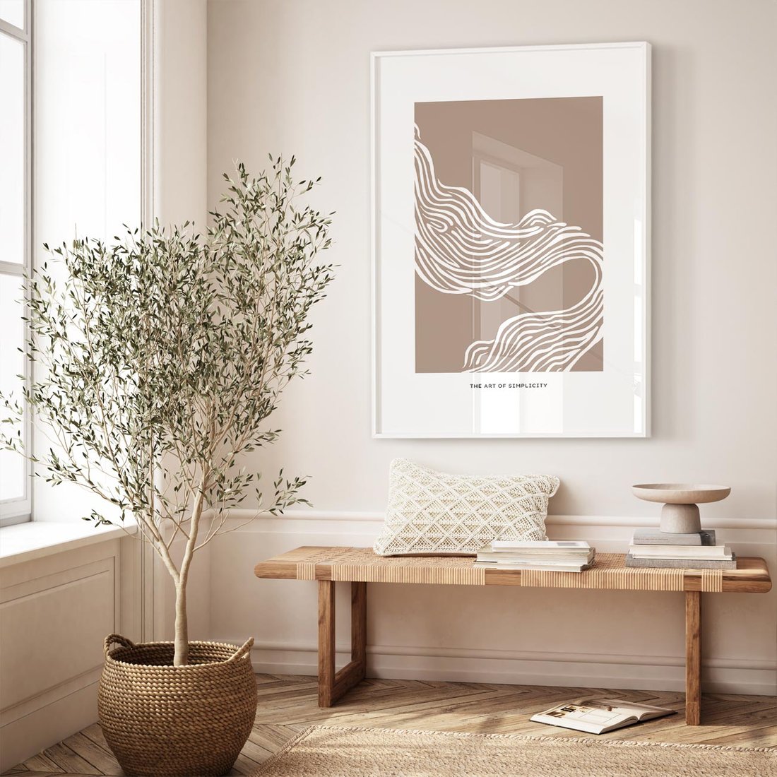 Plakat w ramie 30x40 - Harmonijne Granice - sztuka minimalizmu, biała rycina - rama biała