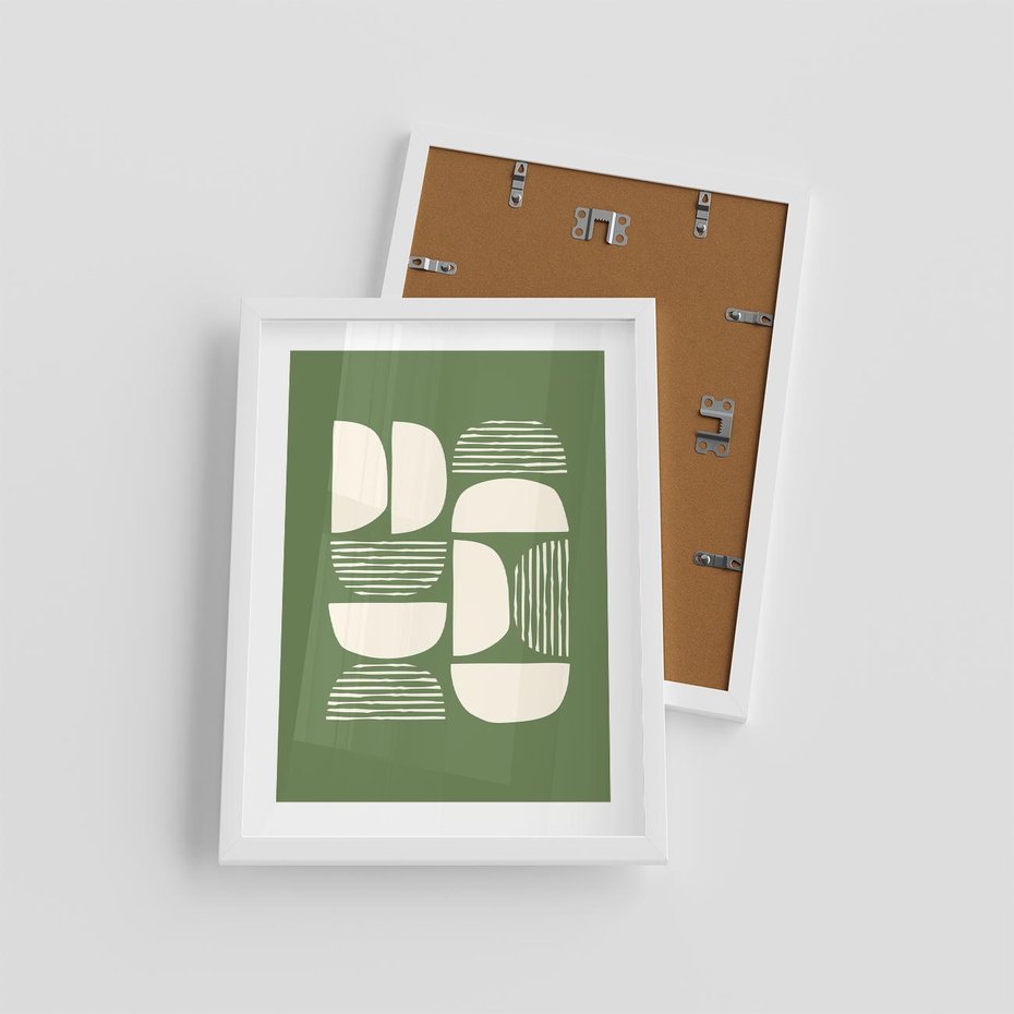 Plakat w ramie 30x40 - Migotliwe Formy - geometryczne boho kształty na brązowym, oliwkowym tle - rama biała