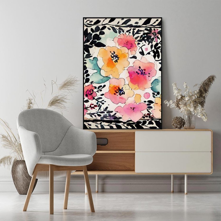 Obraz w ramie 70x100 - Opowieść w kroplach farb - akwarelowe kwiaty, mocna ornamentowa czarna ramka namalowana dookoła obrazu - rama czarna