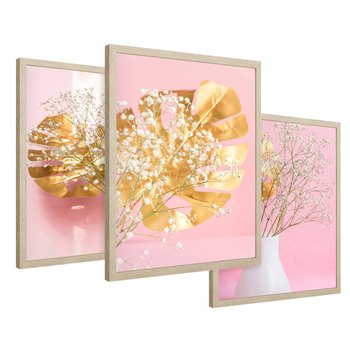 Zestaw obrazy w ramie 30x40 galeria - Złote, liście, monstera, kwiaty - rama drewno