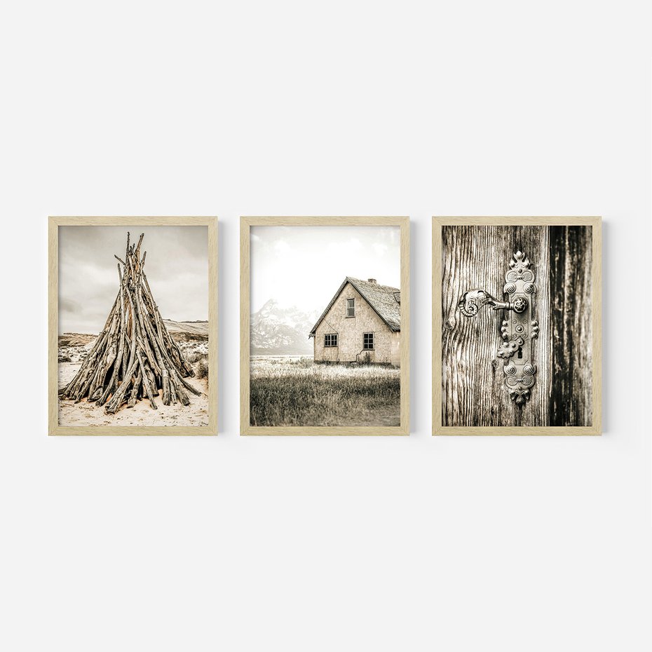 Zestaw obrazy w ramie 50x70 galeria - Chata, stara, retro, klamka - rama drewno