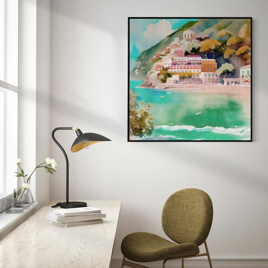 Obraz w ramie 50x50 - Na Zboczu - akwarela, nadmorski pejzaż - rama czarna