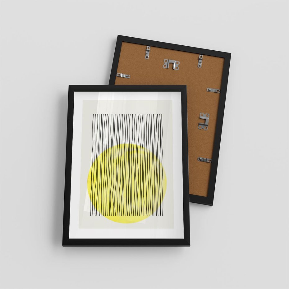 Plakat w ramie 30x40 - Ciepłe Przenikanie - geometria, żółte koło - rama czarna