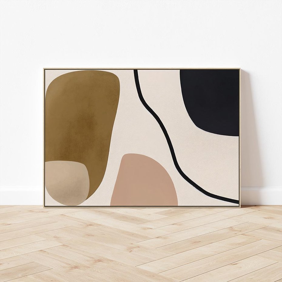 Obraz w ramie 120x80 - Harmonia chaosu i porządku - abstrakcyjne kształty, kolory beżu i brązu - rama drewno
