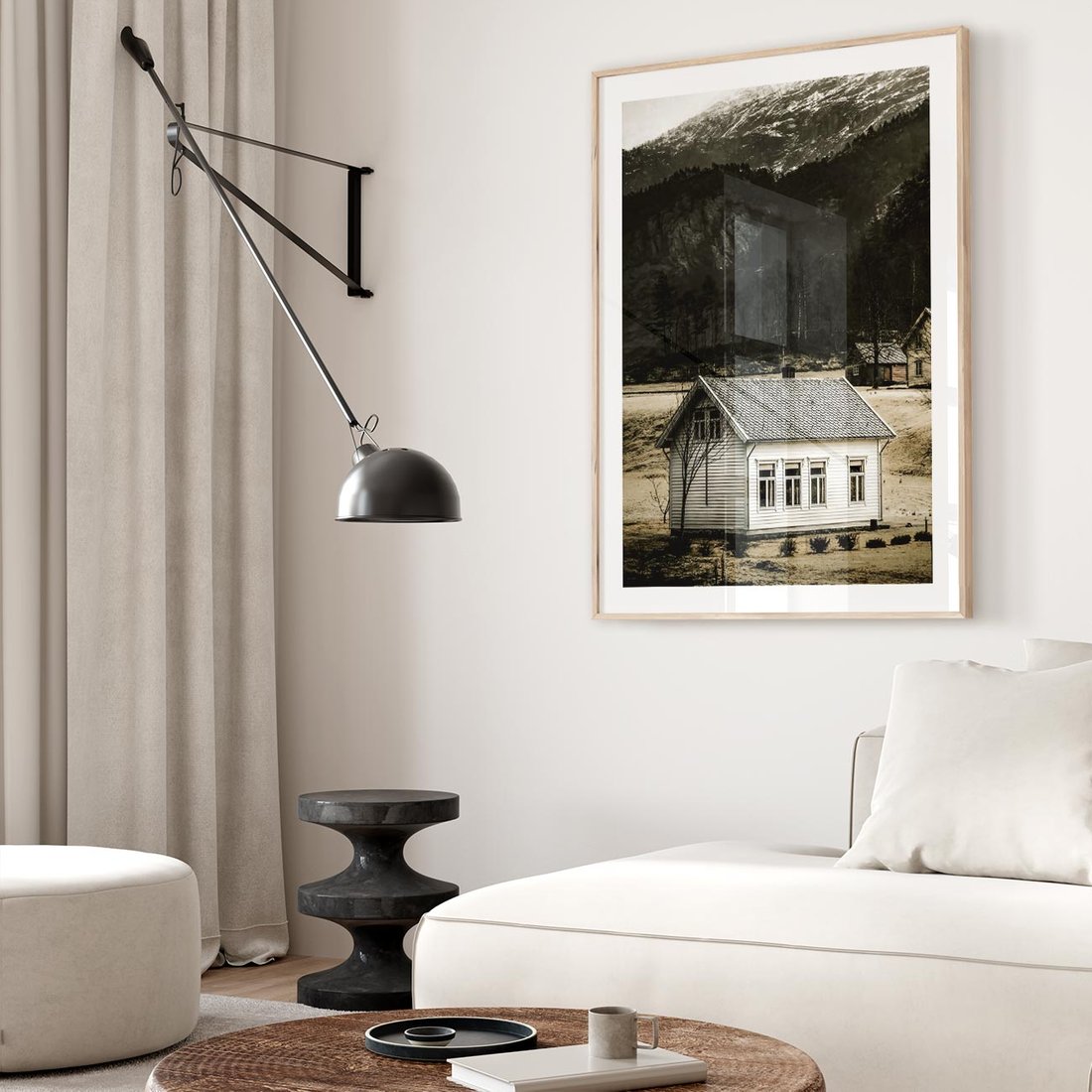 Plakat w ramie 30x40 - Ciepło i Urok Górskiego Domku - domek w górach, sepia - rama drewno