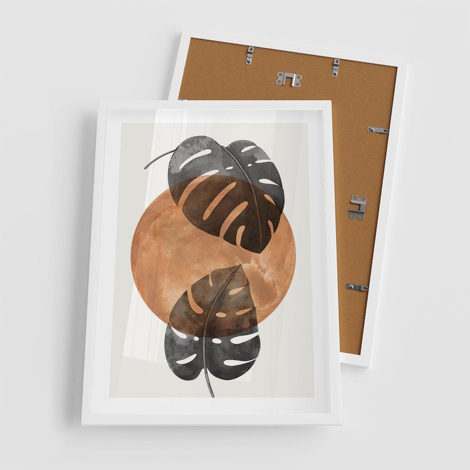 Plakat w ramie 50x70 - Elegancja w Detalach: Miedziane Koło z Monsterą - grafika, miedziane koło - rama biała