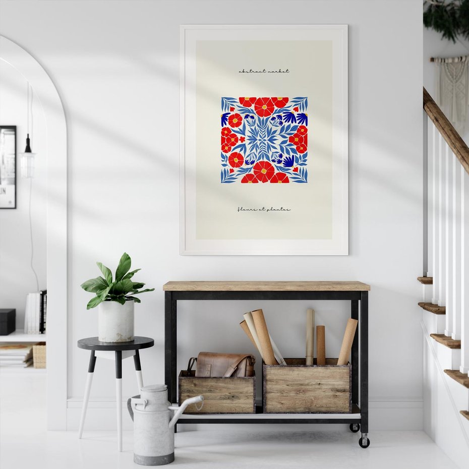 Plakat bez ramy 30x40 - Tajemnicza Droga - nowoczesna kwiatowa kompozycja, czerwony i niebieski