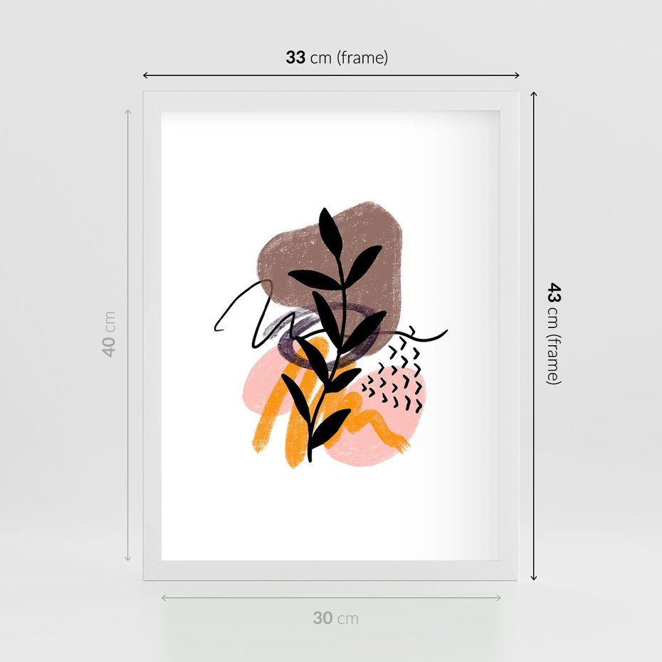 Plakat w ramie 30x40 - Echa Kształtującej się Wyobraźni - abstrakcyjna sztuka, liść gałązka - rama biała