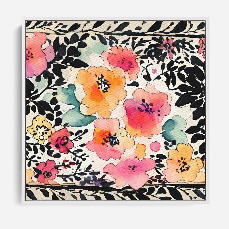 Obraz w ramie 50x50 - Opowieść w kroplach farb - akwarelowe kwiaty, mocna ornamentowa czarna ramka namalowana dookoła obrazu - rama biała