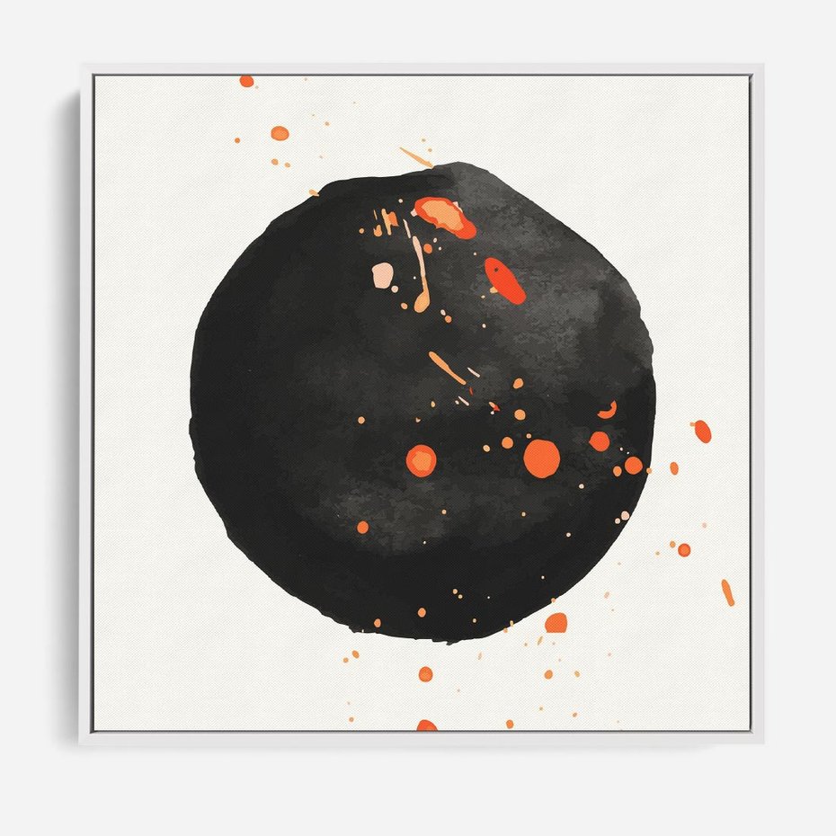 Obraz w ramie 50x50 - Wnętrza Marzeń - abstrakcyjna czarna plama, rozsiane pomarańczowe kropki - rama biała