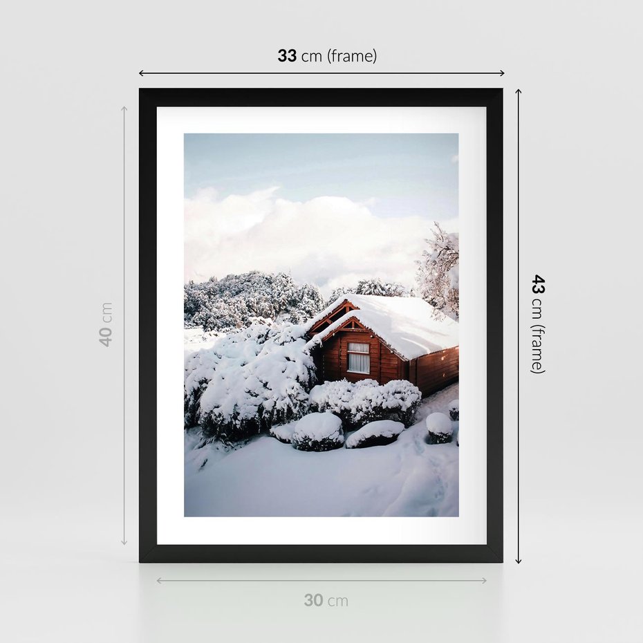 Plakat w ramie 30x40 - Zimowa Idylla w Górach - zima w górach, ośnieżone góry - rama czarna