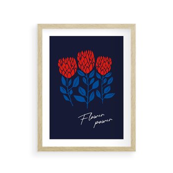 Plakat w ramie 50x70 - Podróżne Barwy - czerwone abstrakcyjne kwiaty, granatowe tło - rama drewno