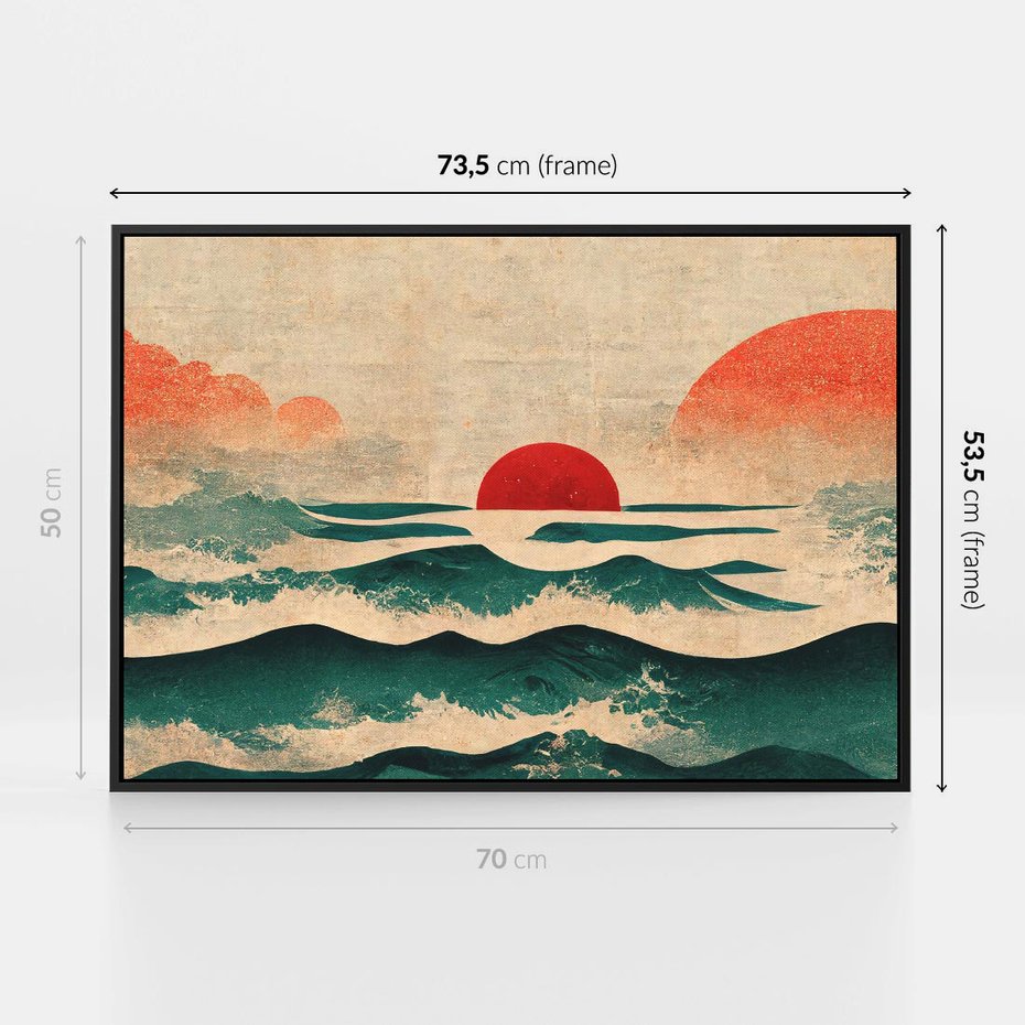 Obraz w ramie 70x50 - Czerwone Melodie - japońska sztuka, zachód słońca nad oceanem - rama czarna