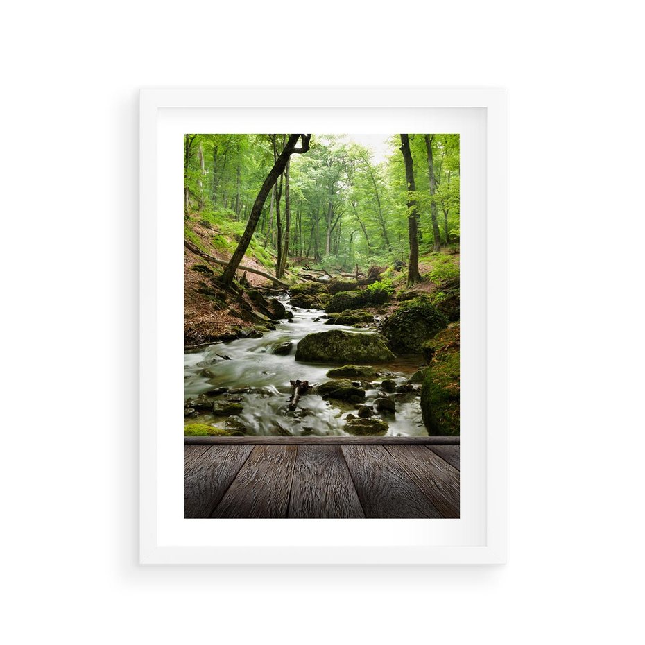 Plakat w ramie 30x40 - Strumyk w lesie - strumyk, w lesie - rama biała