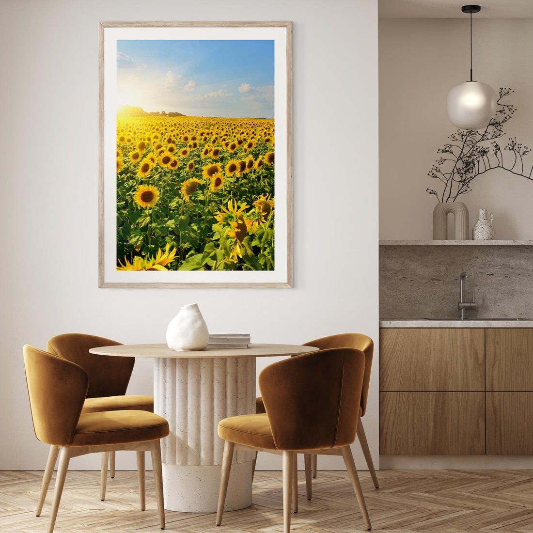 Plakat w ramie 50x70 - Idylla na łące słoneczników - łąka, słoneczniki - rama drewno