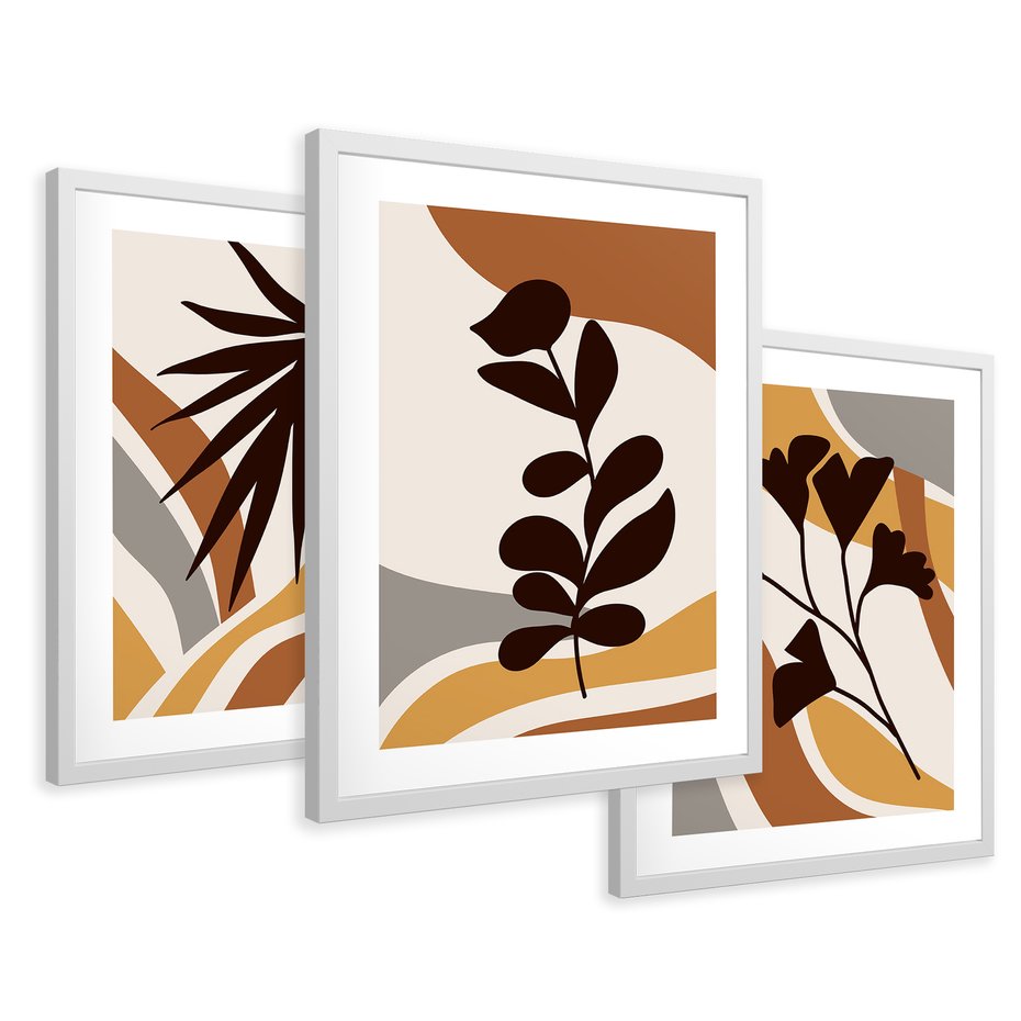 Zestaw obrazy w ramie 50x70 galeria - Liście, kwiaty, boho - rama biała