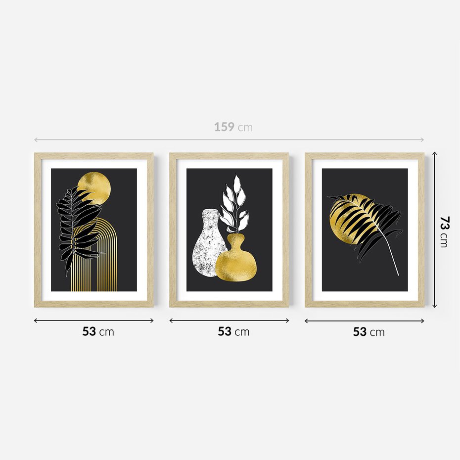 Zestaw obrazy w ramie 50x70 galeria - Złoto, liście, monstery - rama drewno