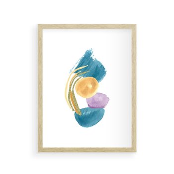 Plakat w ramie 40x50 - Migocące Barwy Akwarel - akwarelowe plamy w odcieniach błękitu, złote kreski - rama drewno