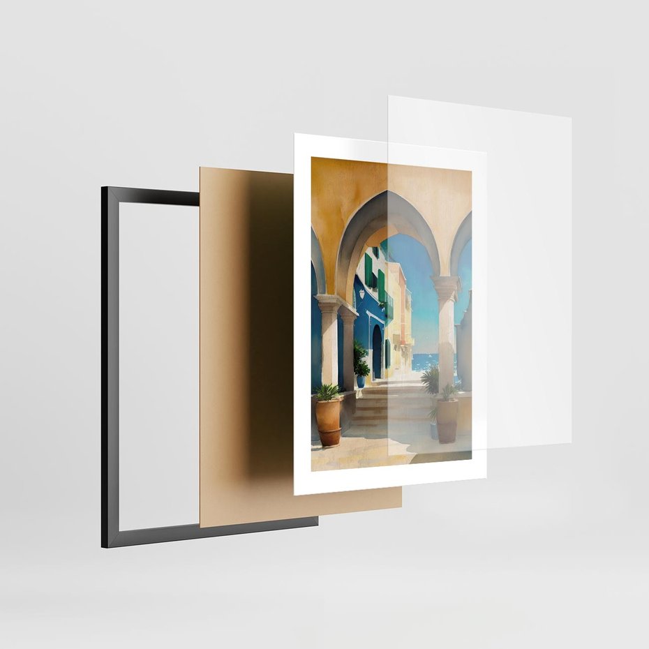 Plakat w ramie 30x40 - Nadmorskie Łuki - akwarela, śródziemnomorski klimat - rama czarna