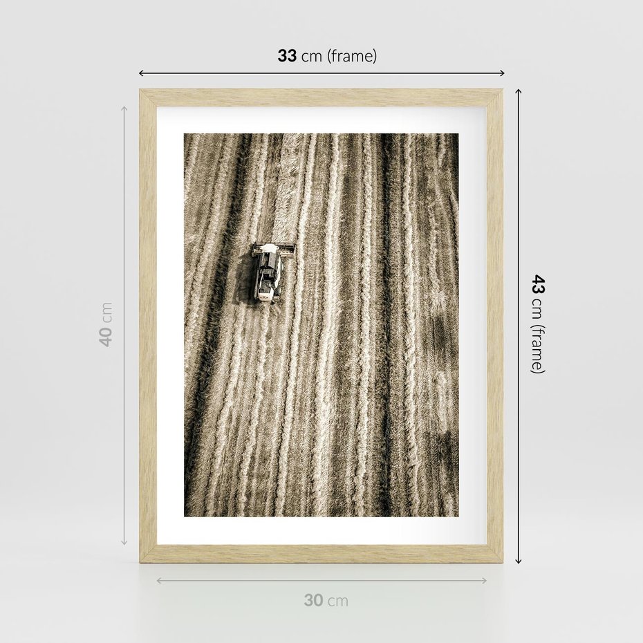 Plakat w ramie 30x40 - Sepia na Polu - kombajn, pole - rama drewno