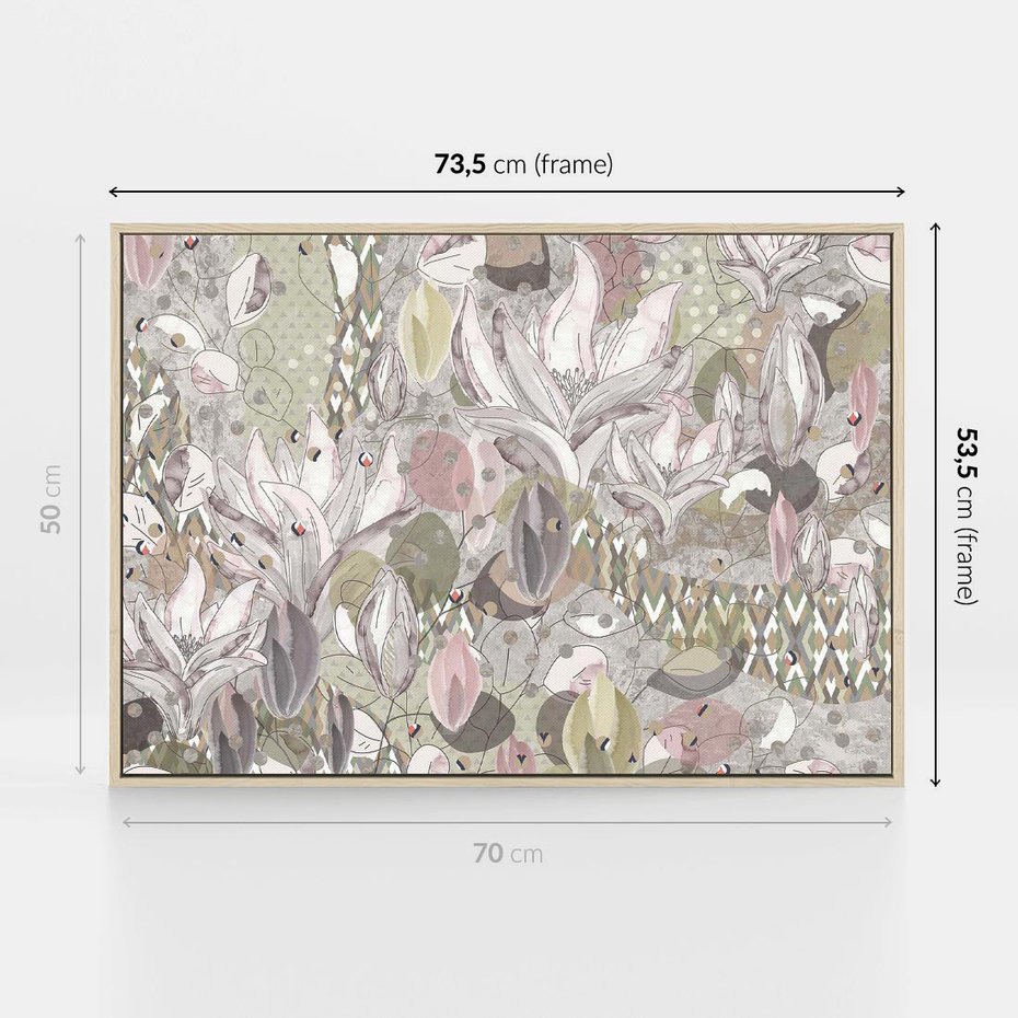 Obraz w ramie 70x50 - Pejzaże zatajonej duszy - połączenie tekstur, roślinne motywy - rama drewno