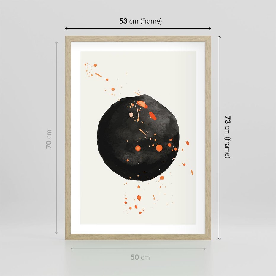 Plakat w ramie 50x70 - Wnętrza Marzeń - abstrakcyjna czarna plama, rozsiane pomarańczowe kropki - rama drewno