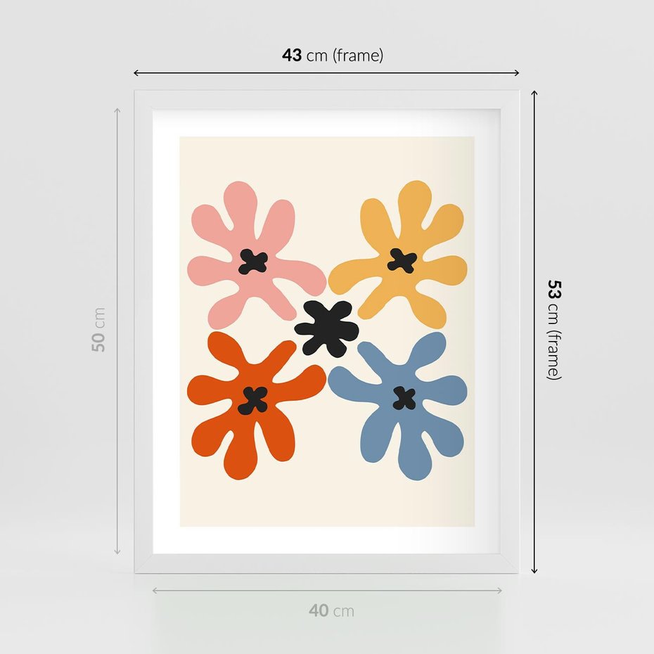 Plakat w ramie 40x50 - Taniec Akwareli - abstrakcyjne wielokolorowe kwiaty, minimalizm - rama biała