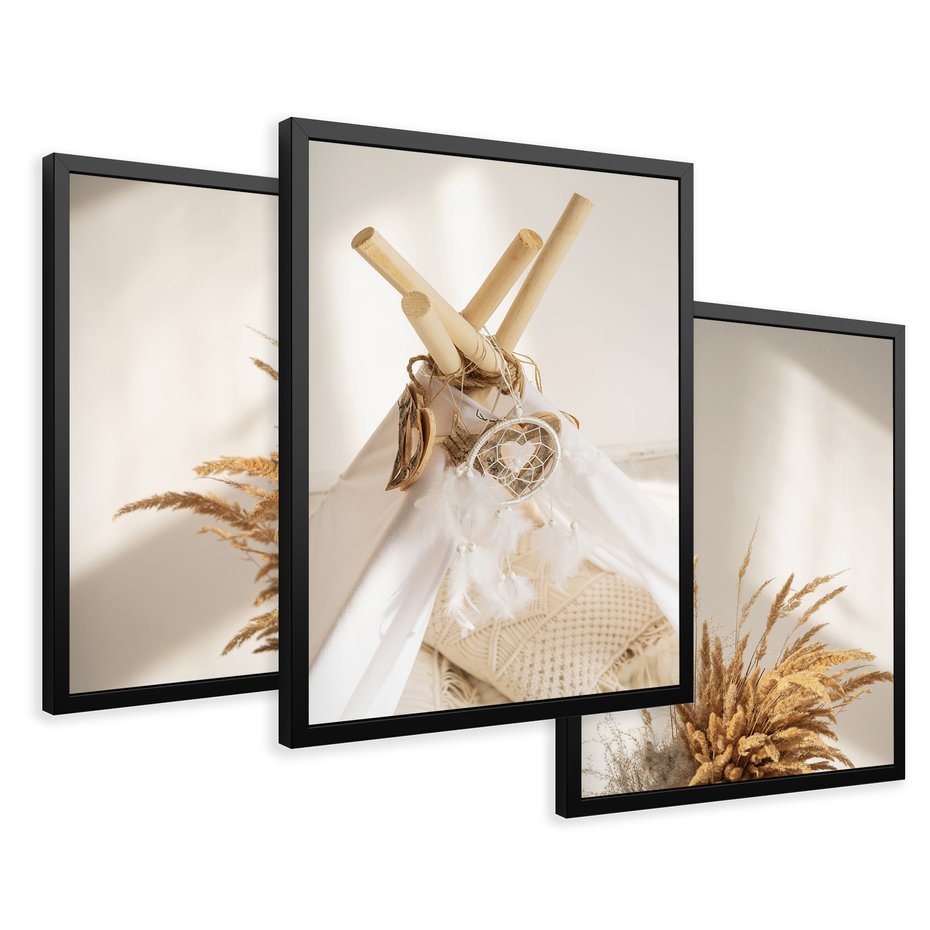 Zestaw obrazy w ramie 30x40 galeria - Boho, pampas, łapacz, snów - rama czarna
