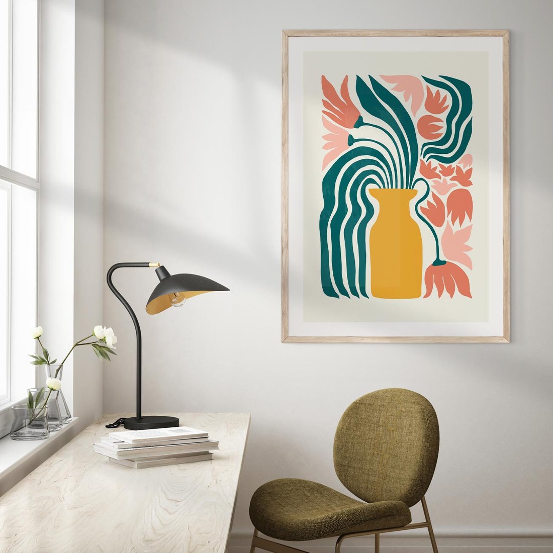 Plakat w ramie 40x50 - Kolorowe Pasmo - abstrakcyjne kwiaty w wazonie, pdastelowe kolory - rama drewno