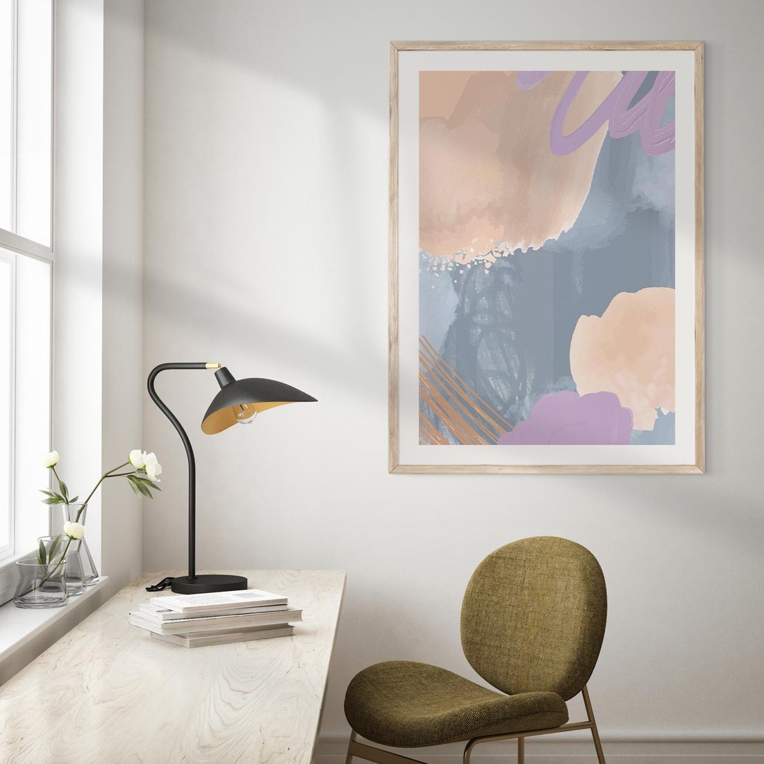 Plakat w ramie 50x70 - Rozmyte Akwarelowe Marzenia - abstrakcyjne akwarelowe plamy, pastele - rama drewno